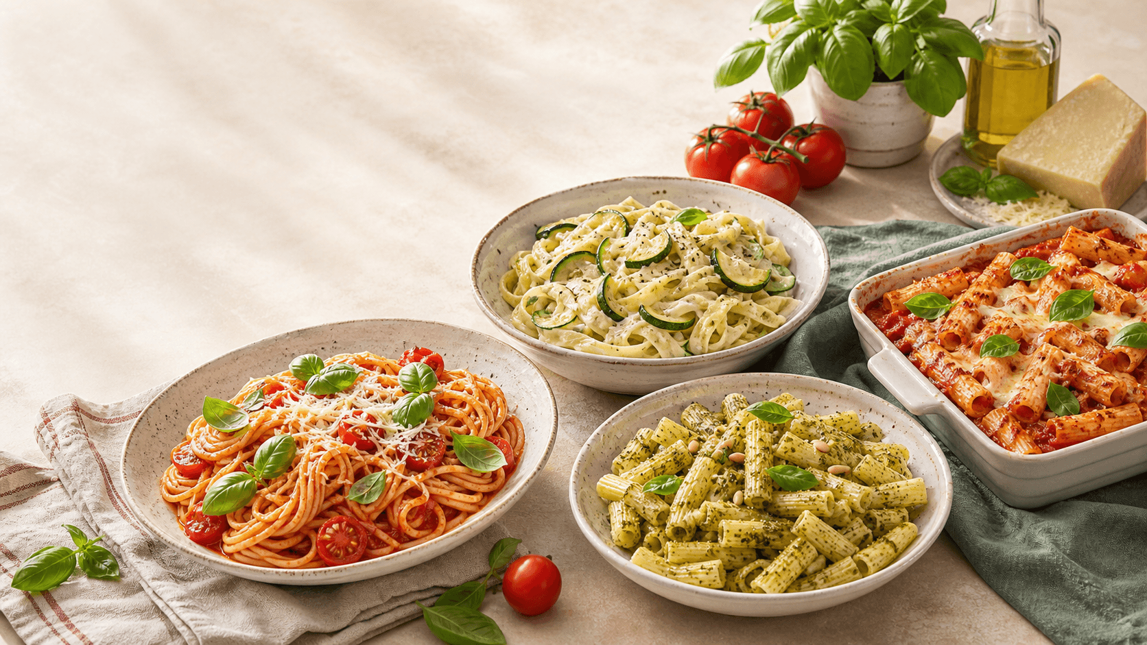 Quattro piatti di pasta italiana fotografati in studio con basilico, pomodori e parmigiano
