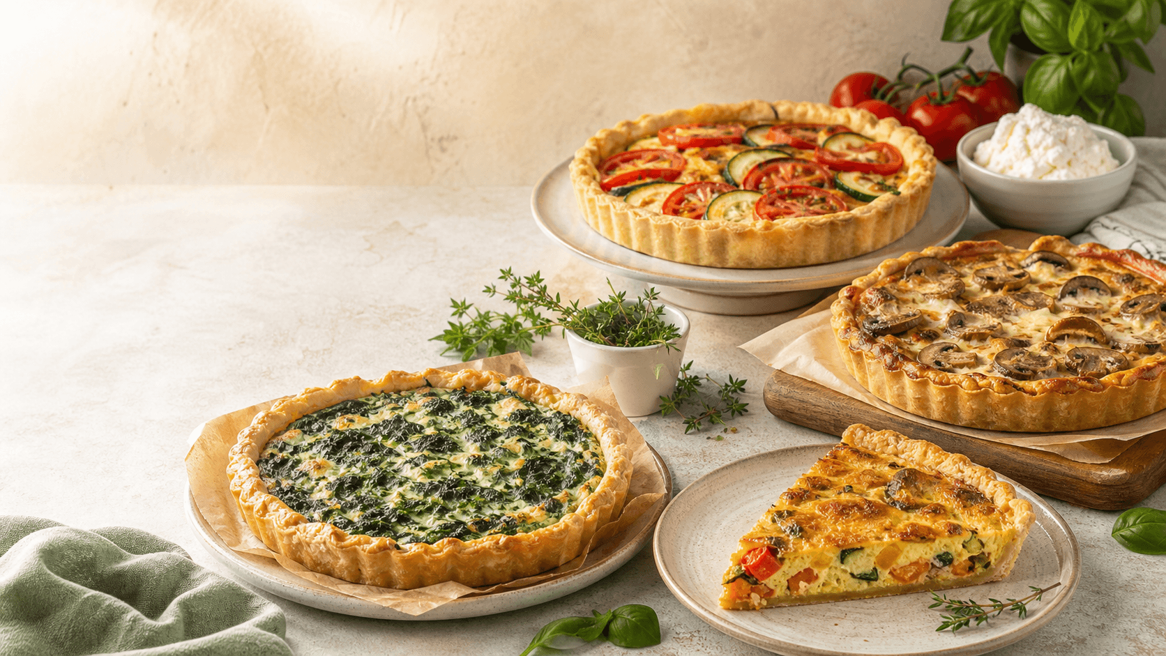 Quattro torte salate italiane con pasta dorata, verdure, ricotta ed erbe fresche
