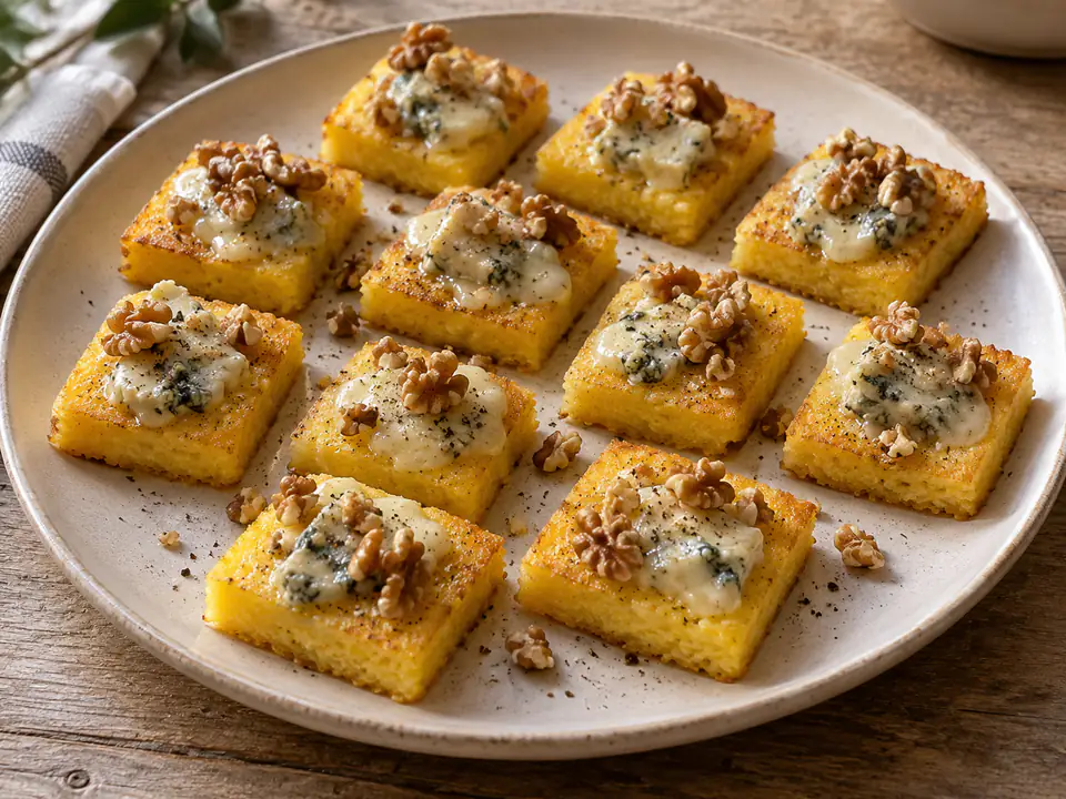 Antipasti di polenta con gorgonzola e noci, quadrati dorati con formaggio blu ammorbidito e gherigli spezzati
