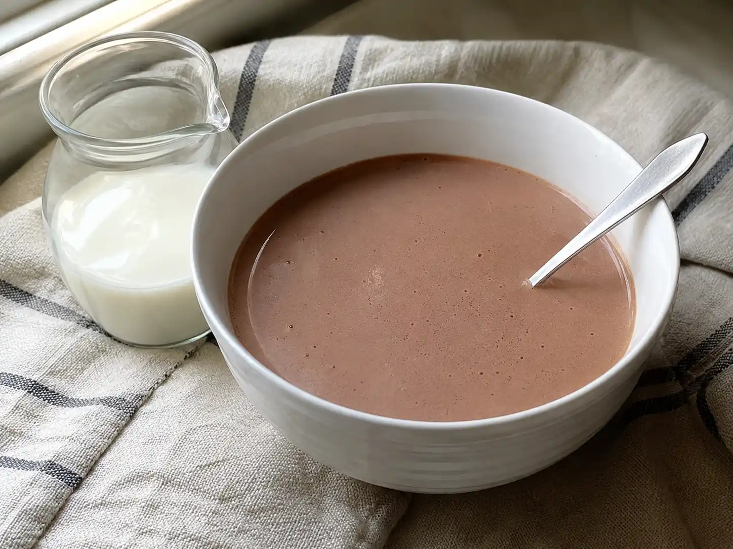 Bagna per tiramisù senza caffè al latte e cacao in ciotola, pronta per savoiardi morbidi