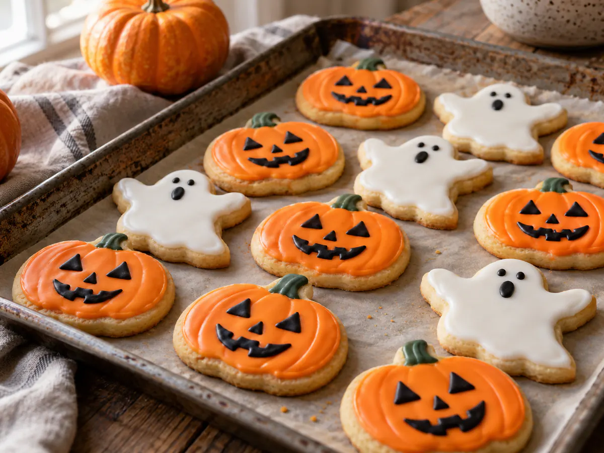 Biscotti di Halloween a forma di zucche arancioni e fantasmini bianchi decorati con glassa