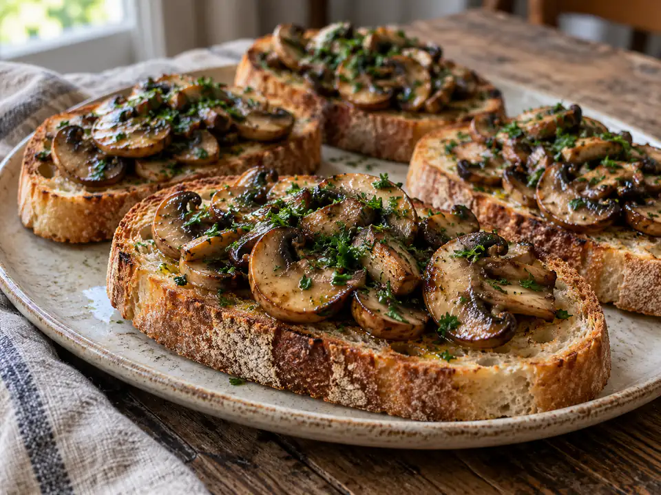 Bruschette ai funghi trifolati con champignon affettati e prezzemolo verde su pane casereccio tostato, senza formaggio