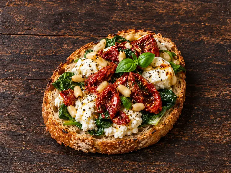 Bruschette con spinaci e pomodori secchi con la farcitura su pane casereccio tostato, fotografate su un piano di legno scuro