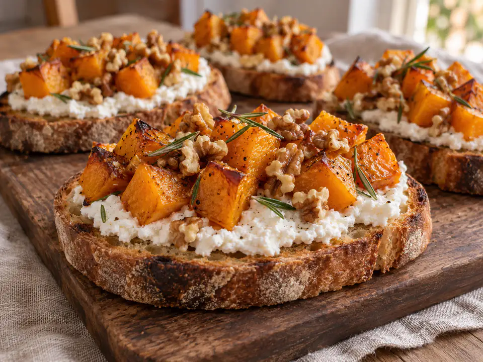 Bruschette con zucca, ricotta e noci su pane tostato, con cubetti arancioni, crema bianca e gherigli spezzati