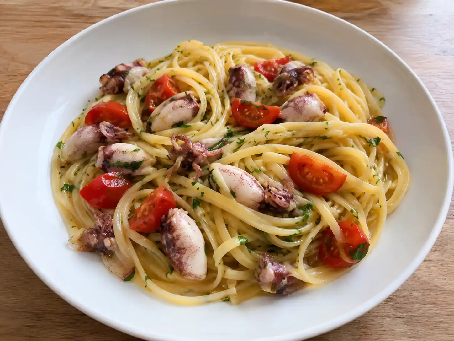 Calamaretti pasta con linguine, pomodorini e prezzemolo in piatto chiaro, sugo leggero di mare