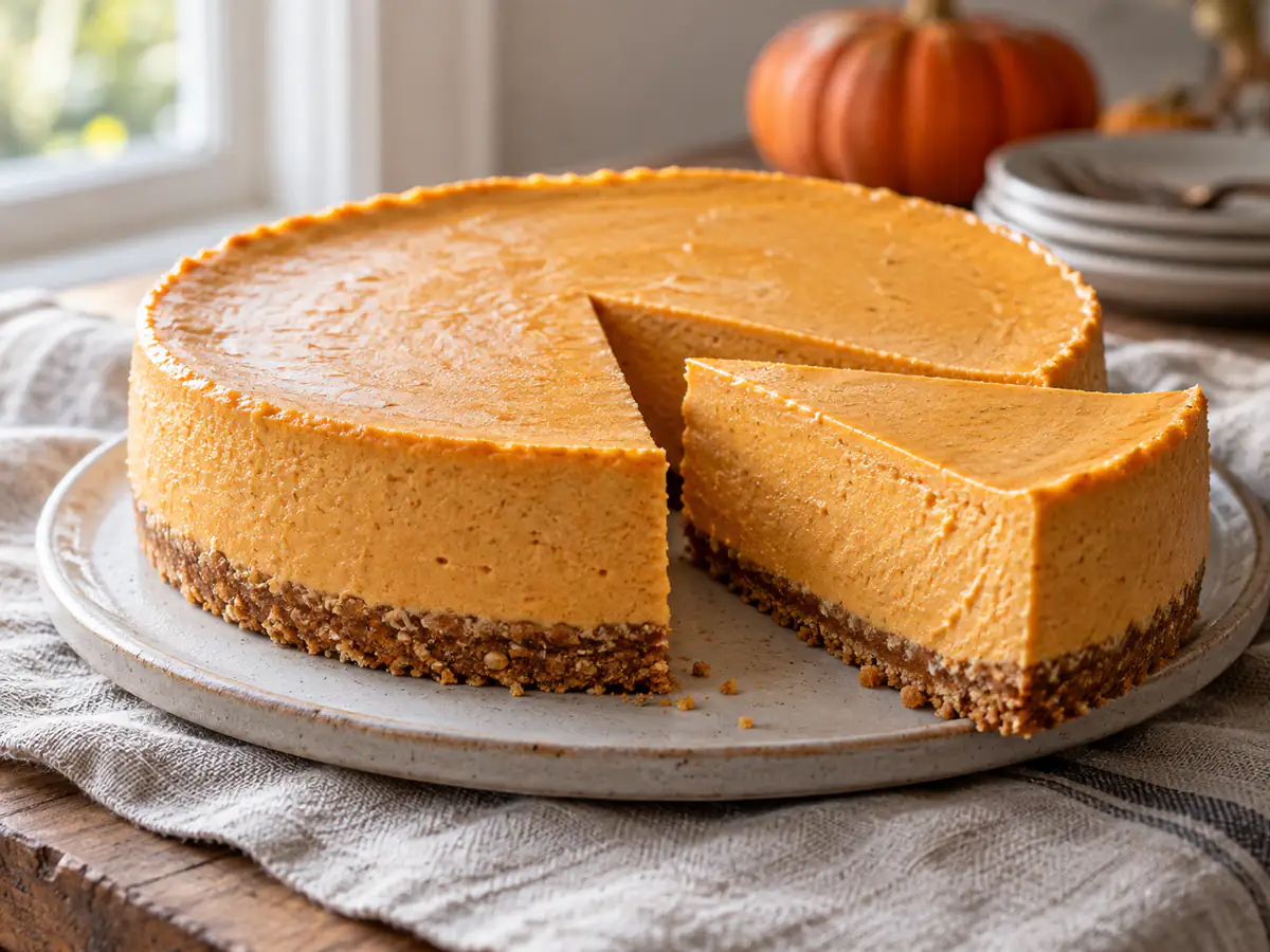 Cheesecake fredda alla zucca con base biscotto e crema arancione liscia, una fetta tagliata