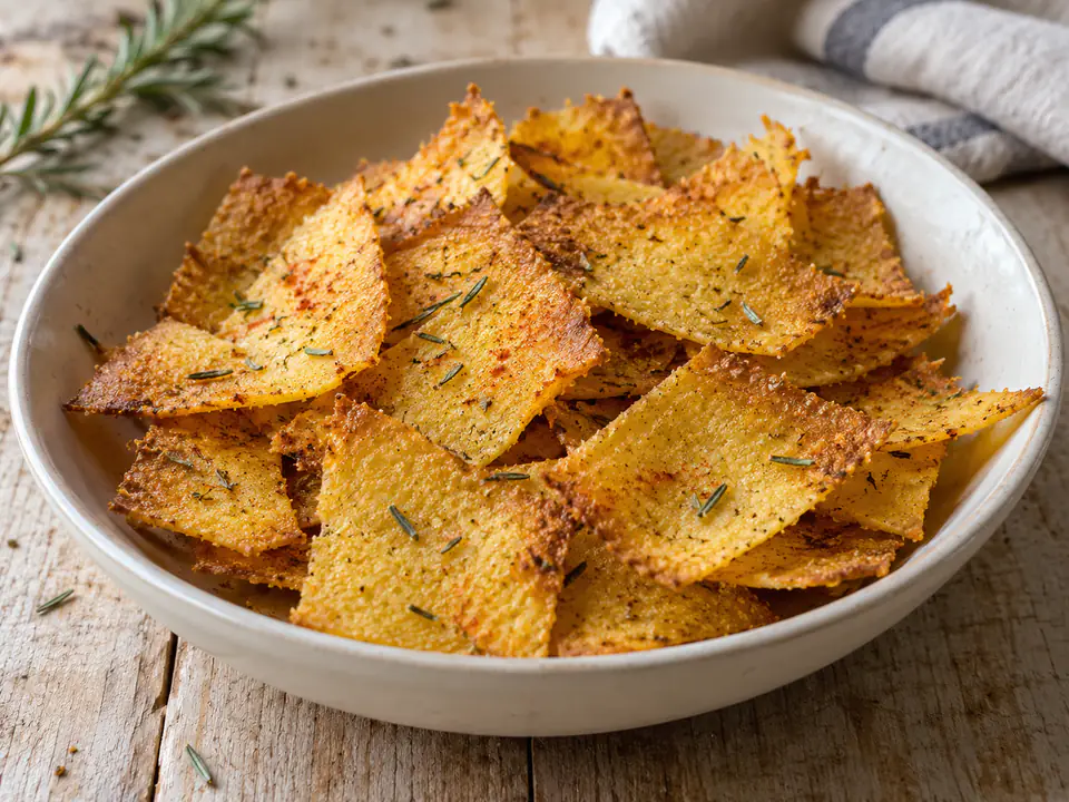 Chips di polenta al forno sottili e dorate, con piccoli frammenti di rosmarino e paprika in una ciotola chiara
