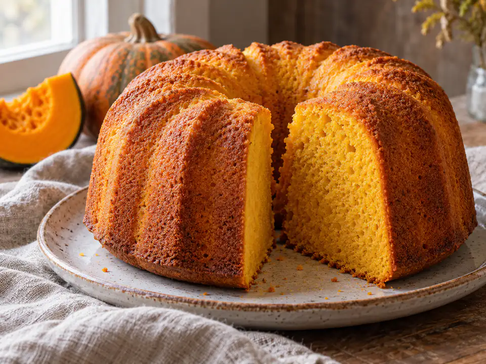 Ciambella alla zucca alta e dorata, con una fetta che mostra la mollica arancione in luce naturale