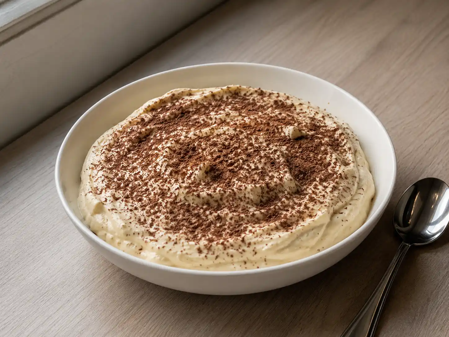 Crema tiramisù perfetta in ciotola chiara, soda e vellutata, con leggero cacao amaro in superficie