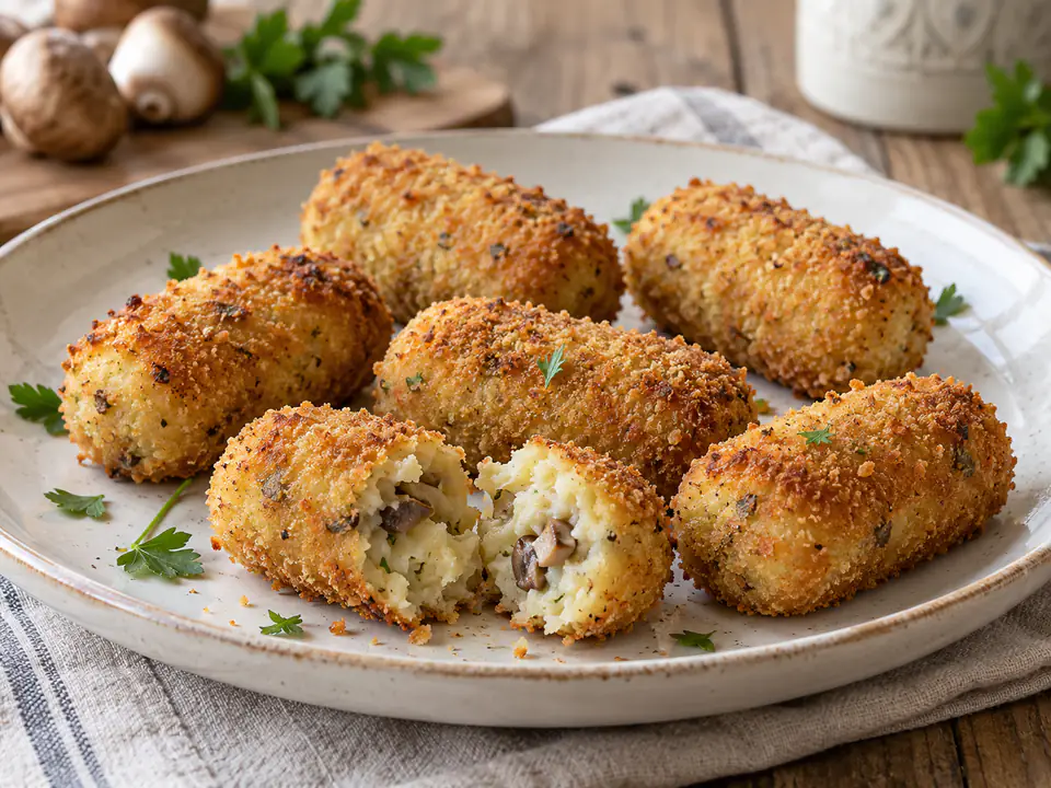 Crocchette di patate e funghi allungate, con panatura dorata e un pezzo aperto che mostra il ripieno morbido