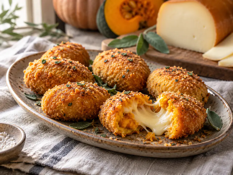 Crocchette di zucca dorate, una aperta mostra il cuore filante di scamorza in luce naturale