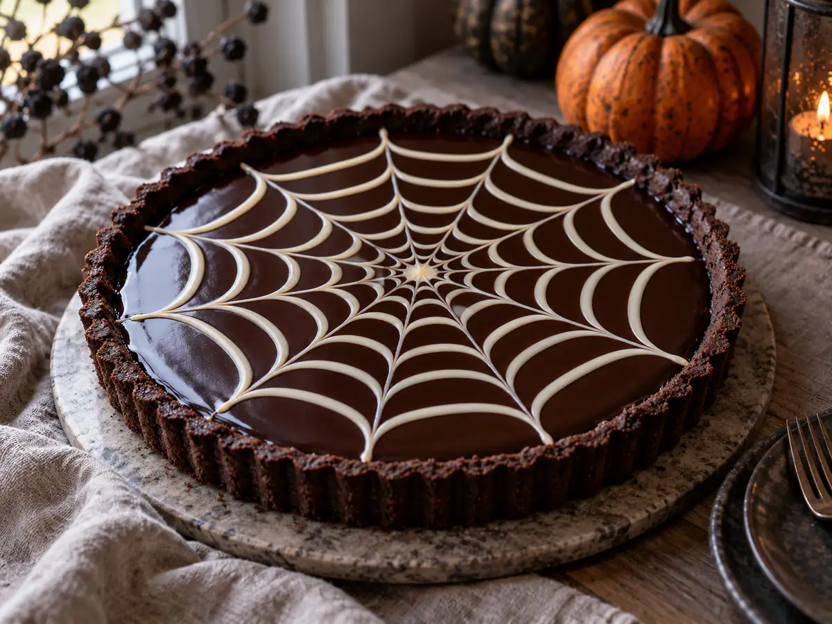 Crostata al cioccolato per Halloween con ragnatela bianca sulla ganache scura in luce naturale