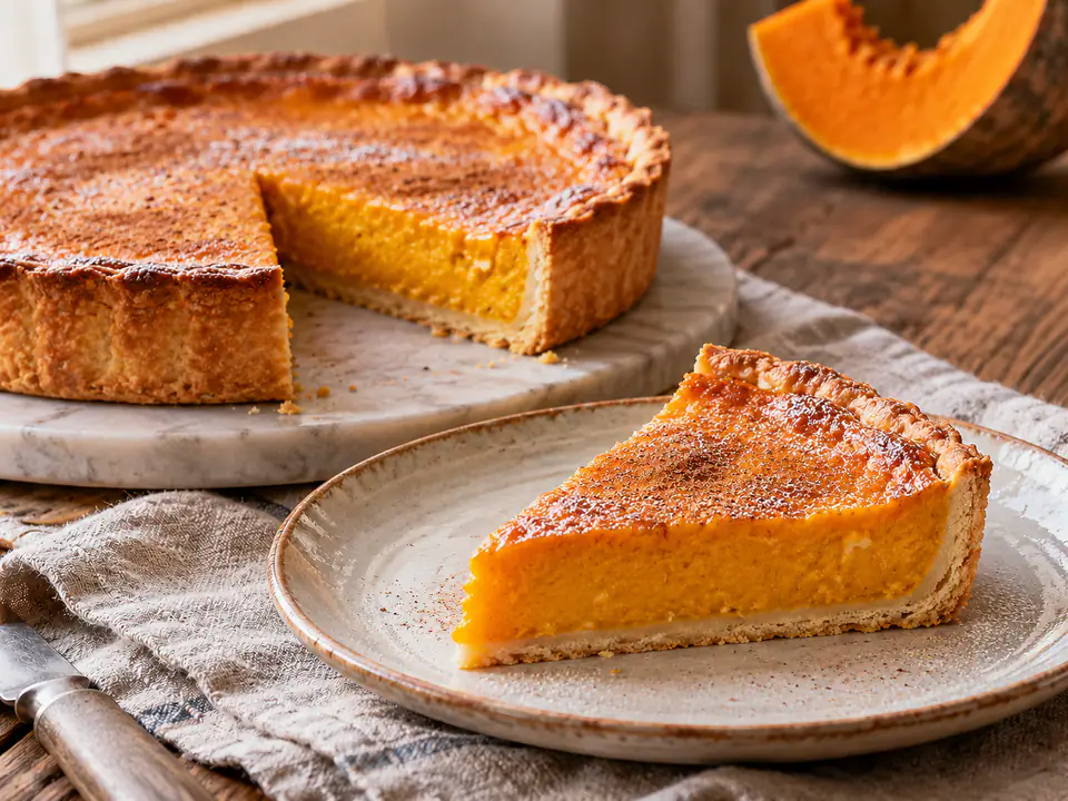 Crostata di zucca con guscio dorato di frolla e ripieno arancione cotto, fetta su piatto