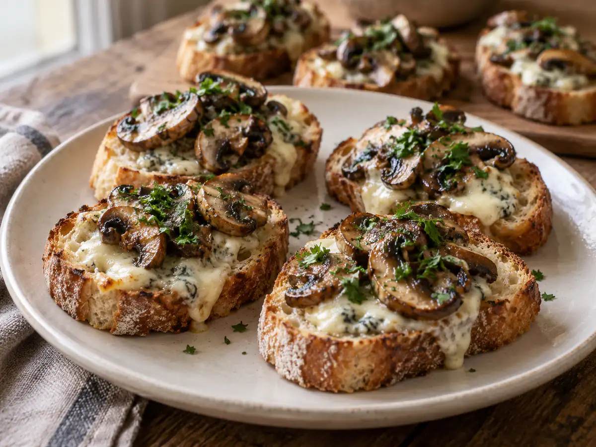 Crostini con funghi e gorgonzola su pane tostato, con champignon affettati e formaggio cremoso su un piatto chiaro
