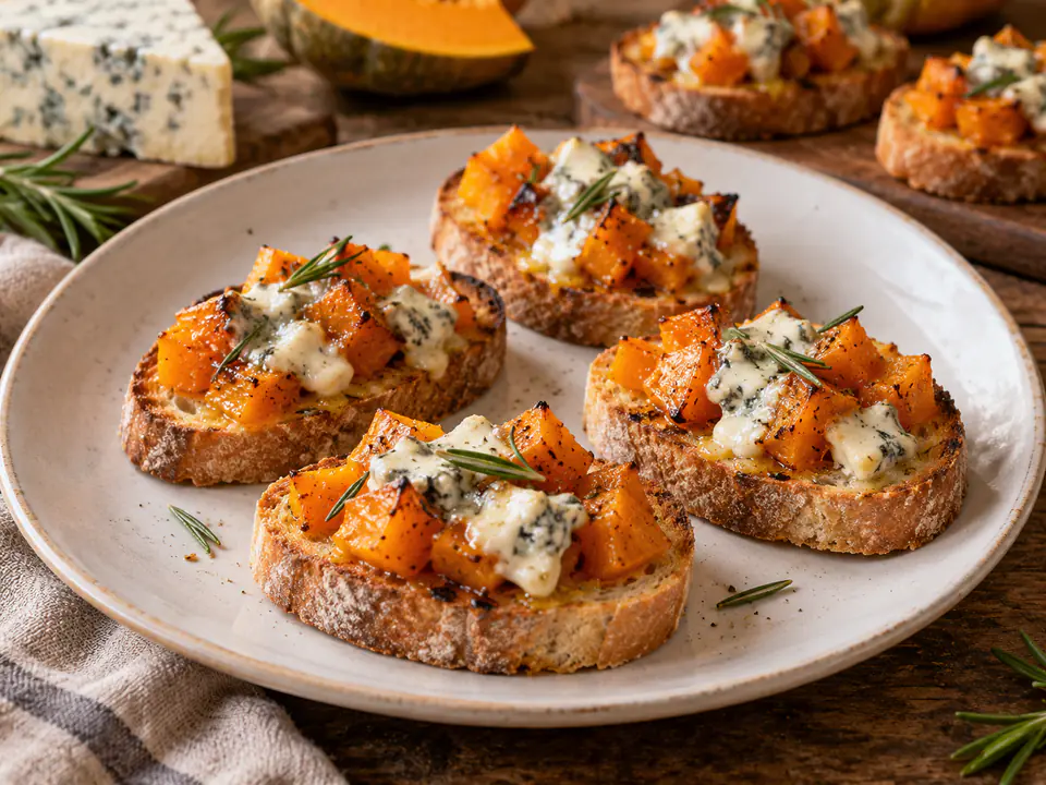 Crostini con zucca e gorgonzola, con cubetti arancioni e formaggio morbido sul pane tostato, disposti su un piatto chiaro
