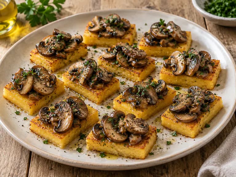 Crostini di polenta con funghi, rettangoli dorati ricoperti di champignon rosolati e prezzemolo su un piatto rustico