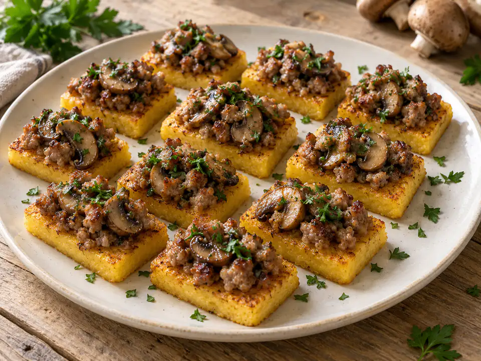 Crostini di polenta con salsiccia e funghi, rettangoli dorati con carne sbriciolata, champignon e prezzemolo