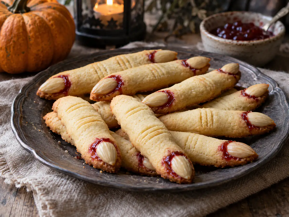 Biscotti dita della strega di frolla con unghie di mandorla e confettura rossa in luce naturale