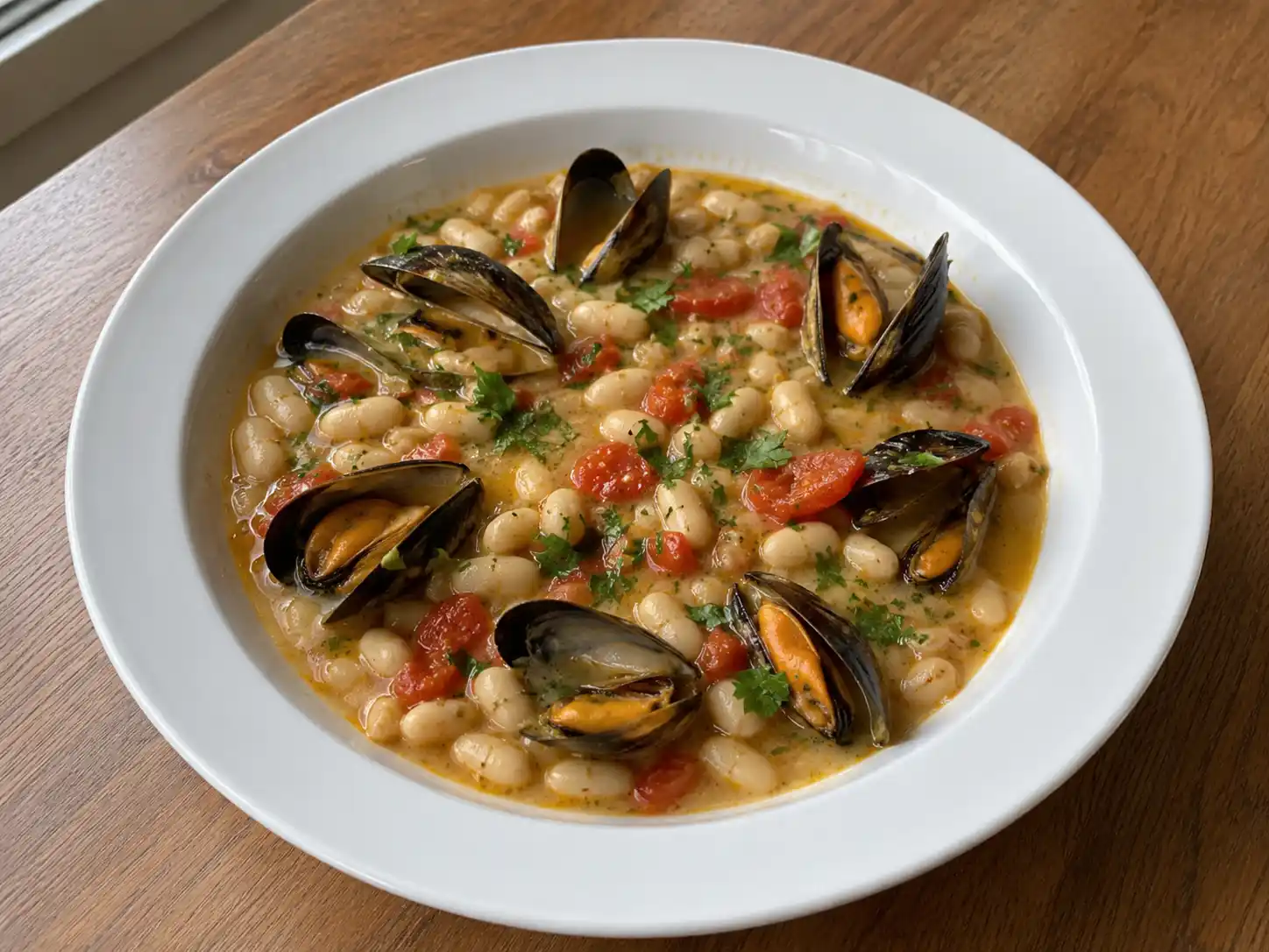 Fagioli e cozze senza pasta in ciotola, zuppa cremosa con cannellini, cozze aperte e pomodorini