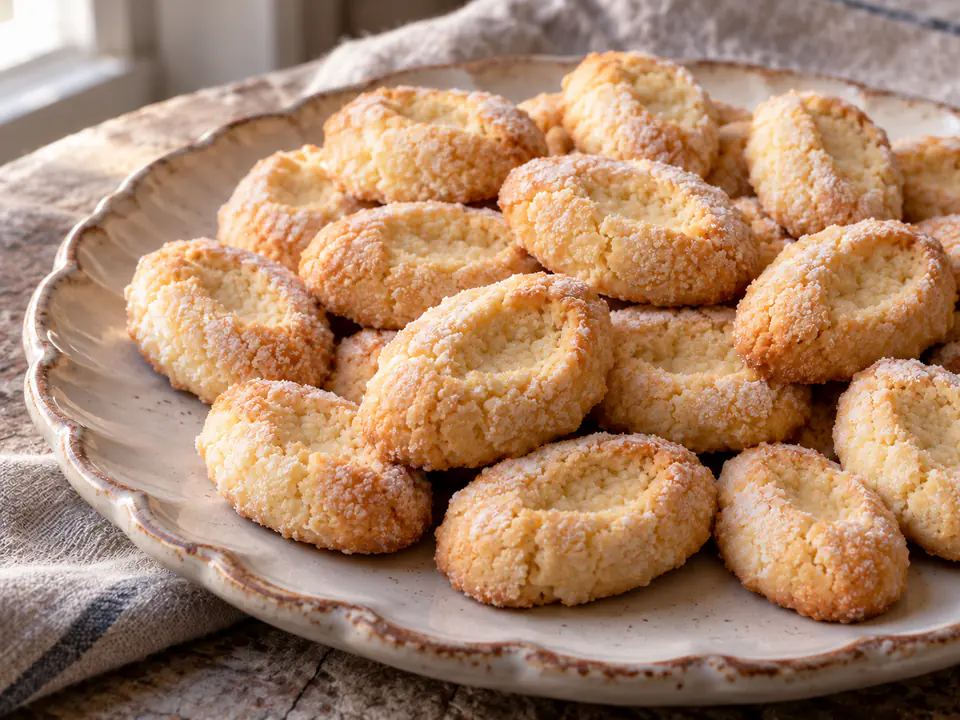 Piccoli biscotti ovali di fave dei morti alle mandorle, chiari e appena dorati in luce naturale