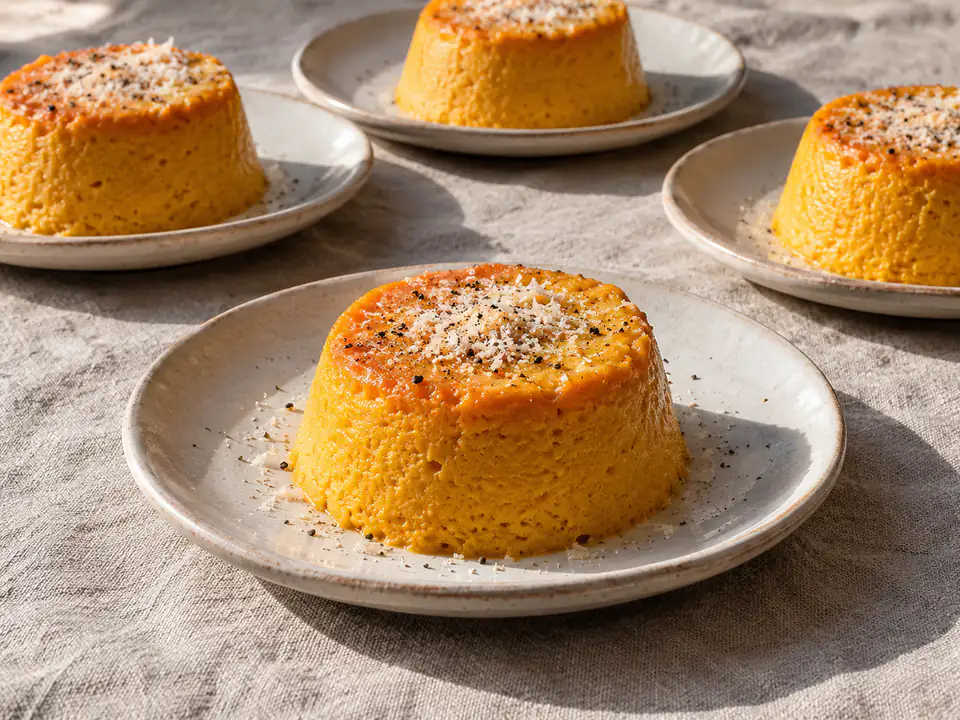 Quattro flan di zucca arancioni sformati su piattini chiari, morbidi e compatti, con poco Parmigiano