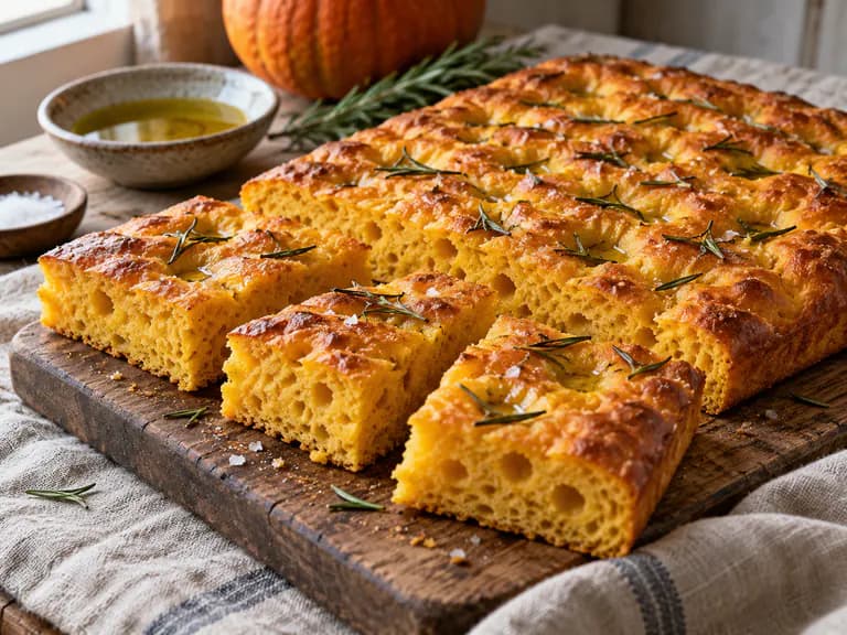 Focaccia alla zucca arancione con fossette, rosmarino e superficie dorata in luce naturale