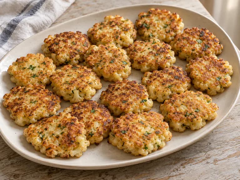 Frittelle di cavolfiore basse e dorate su un piatto chiaro, con piccoli pezzi di verdura e prezzemolo nella pastella cotta