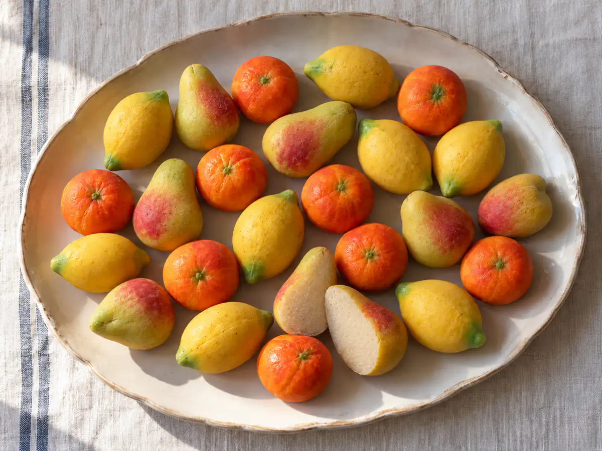 Piccoli frutti di martorana siciliani a forma di limoni, pere e mandarini, colorati a mano su un vassoio