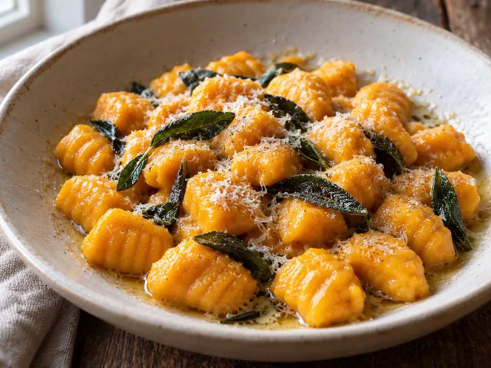 Gnocchi arancioni di sola zucca con burro fuso e salvia su piatto chiaro in luce naturale