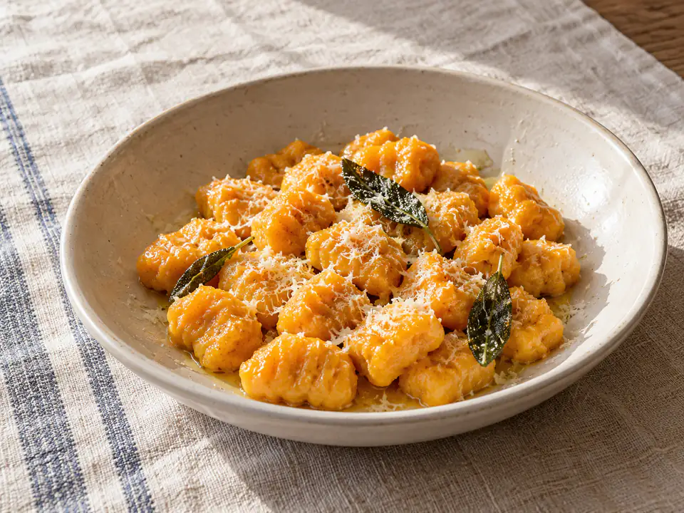 Gnocchi di zucca arancioni e morbidi in un piatto chiaro, con burro fuso, salvia e Parmigiano
