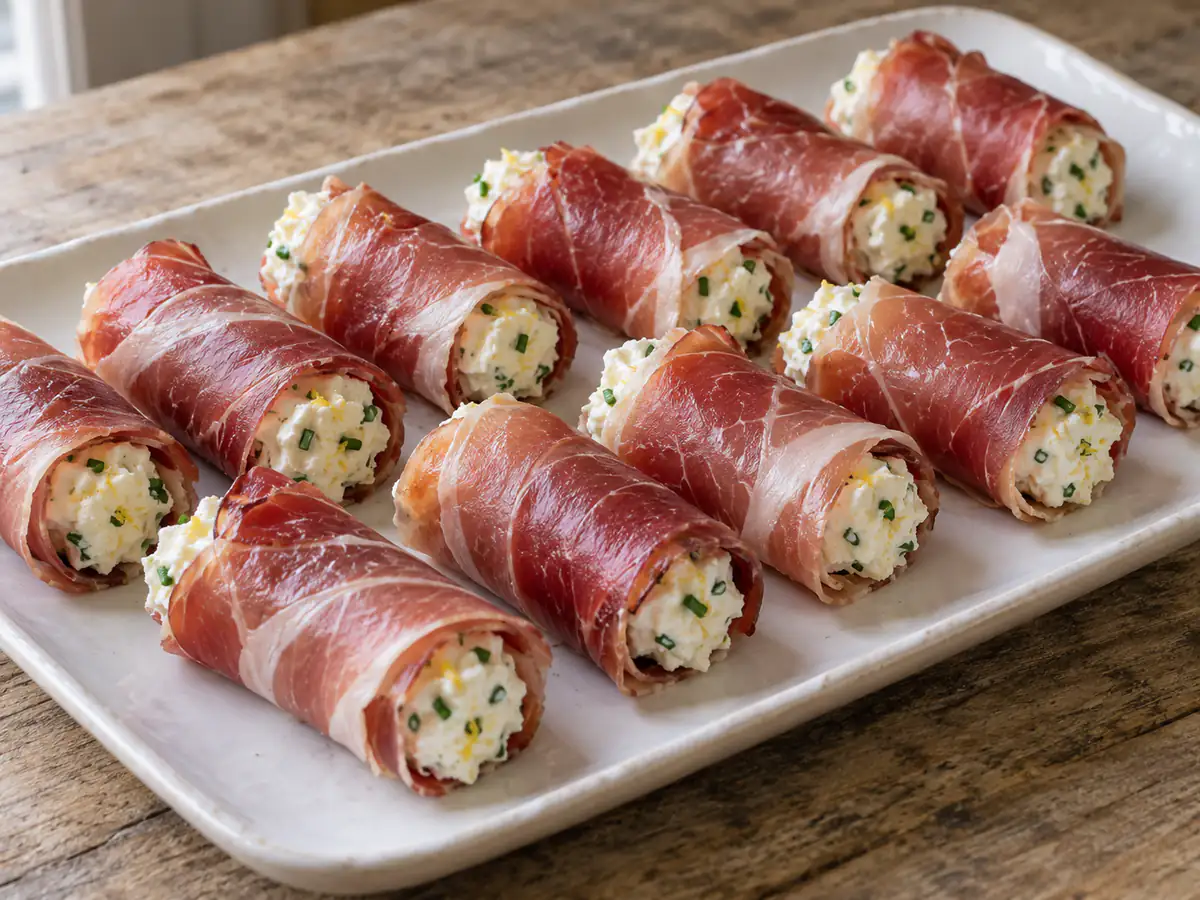 Involtini con speck e formaggio fresco, piccoli rotoli di salume con crema bianca ed erba cipollina visibili alle estremità