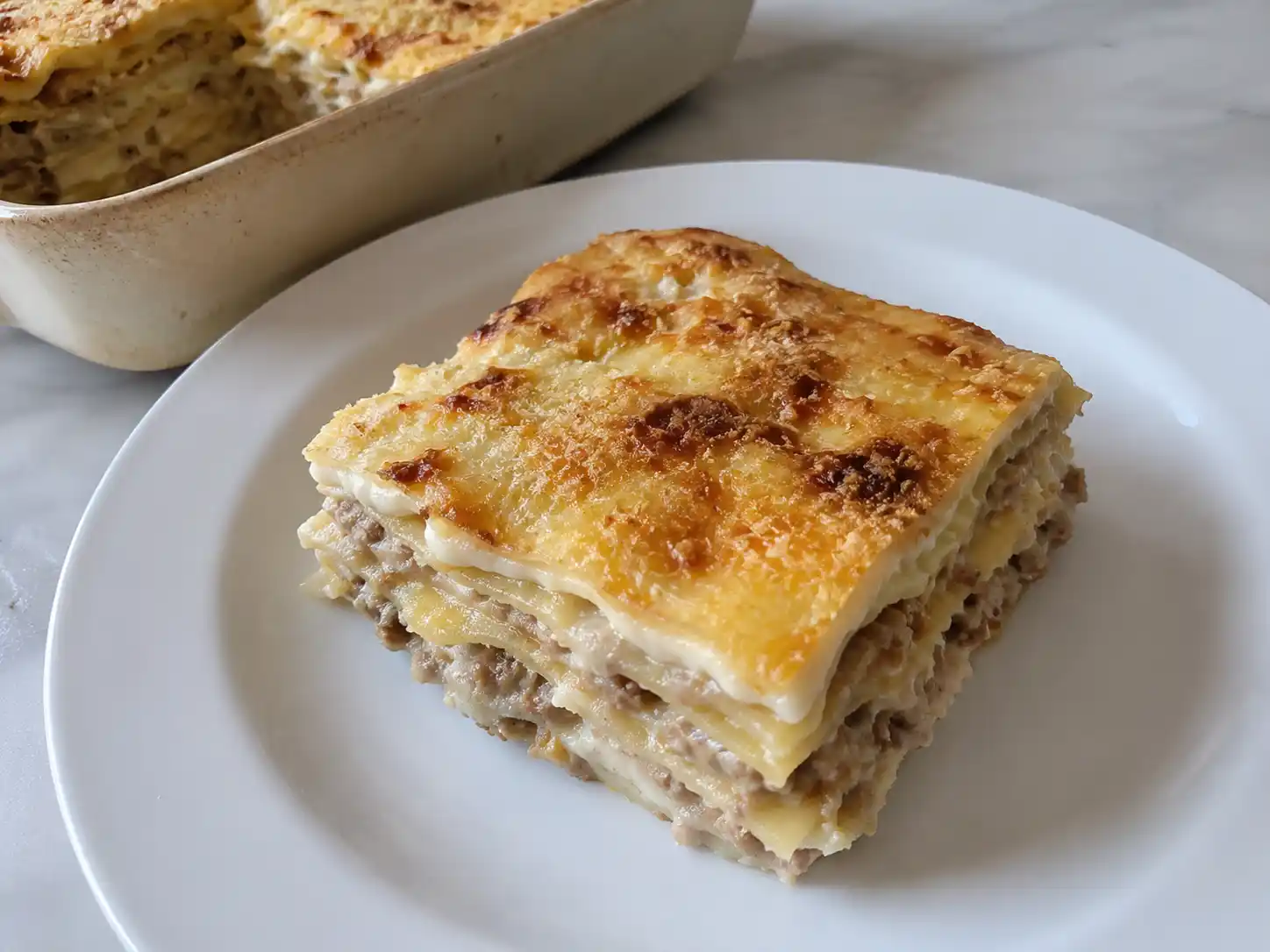 Lasagna bianca al ragù senza pomodoro, fetta cremosa con besciamella e crosta dorata in teglia