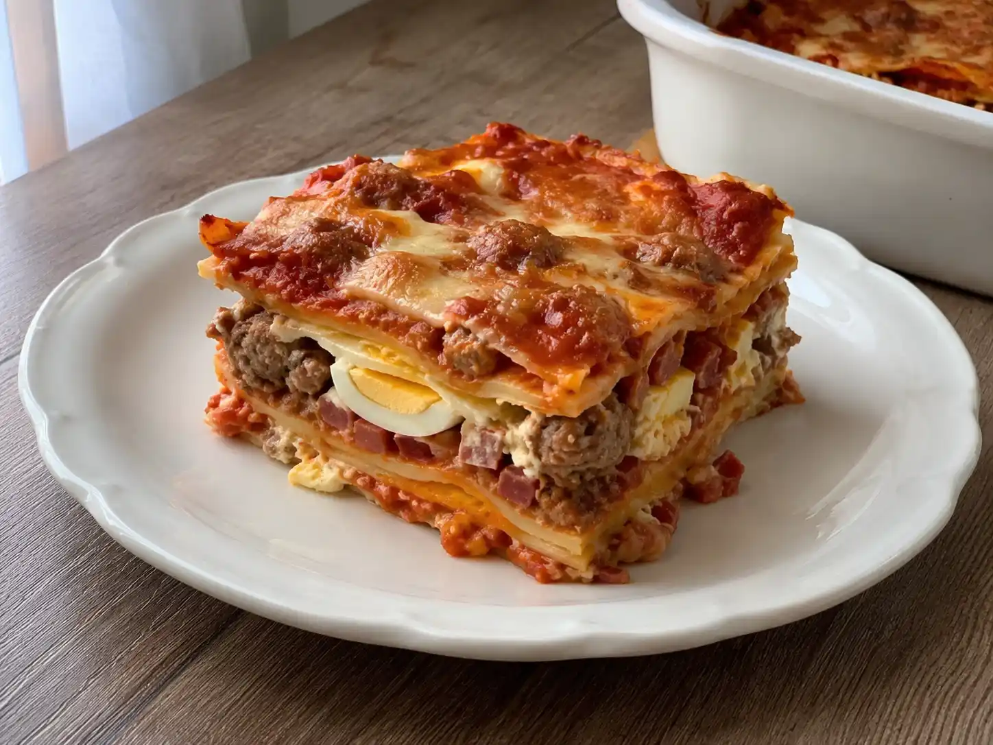 Lasagna napoletana al forno in fetta alta con ragù, polpettine, ricotta e fiordilatte filante