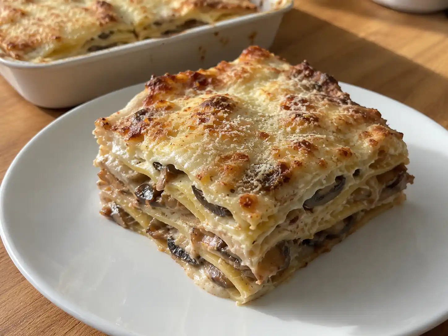 Lasagne ai funghi porcini con strati cremosi, besciamella dorata e funghi visibili nel taglio