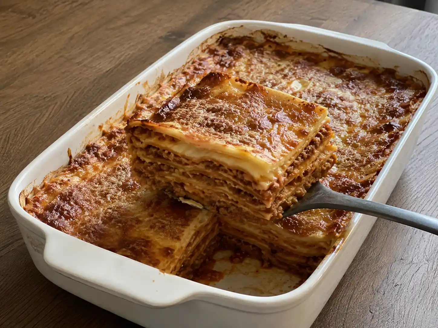 Lasagne al forno classiche in teglia con ragù, besciamella e superficie dorata al Parmigiano