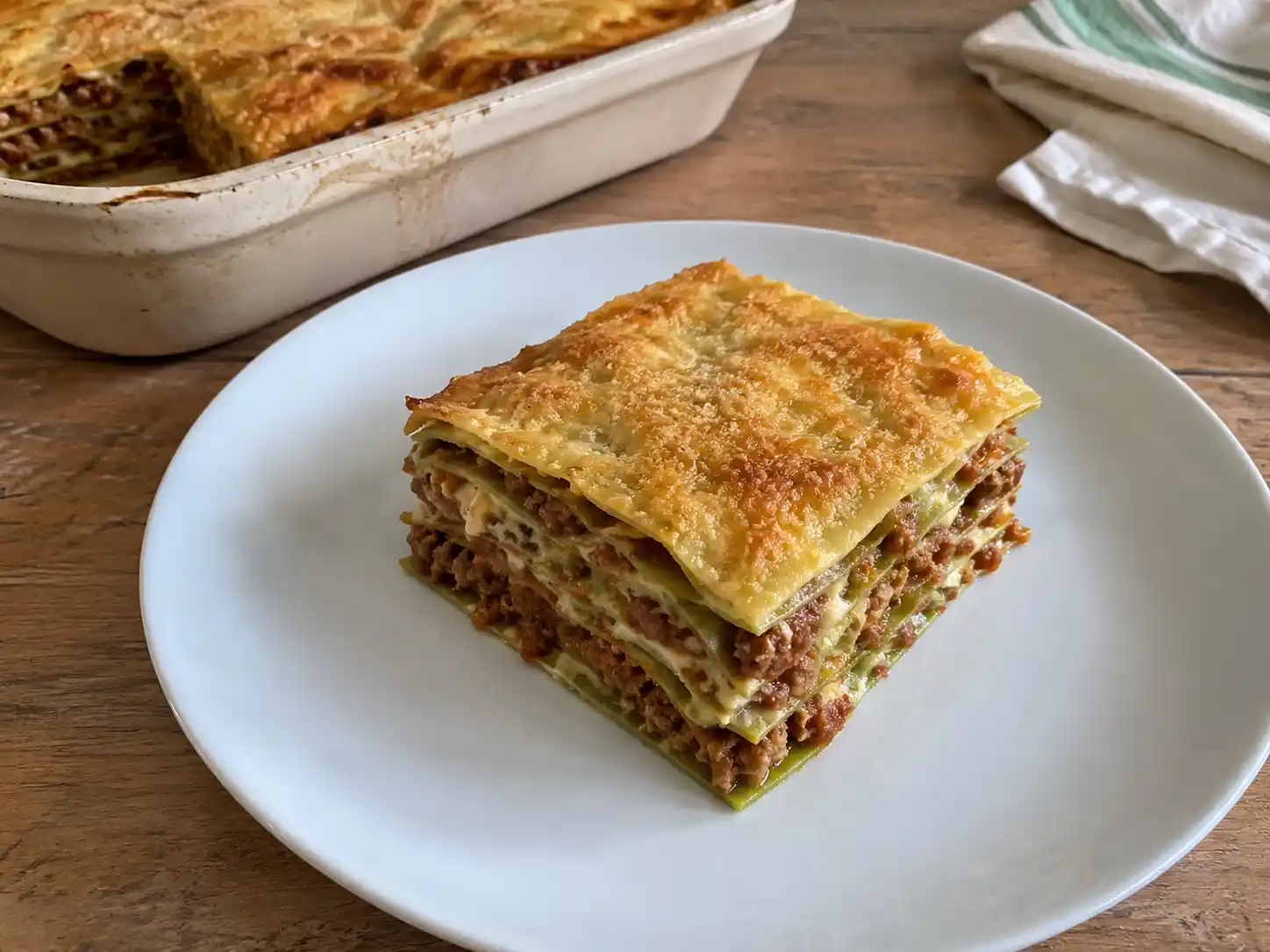 Lasagne alla bolognese con sfoglia verde, ragù, besciamella e crosta dorata in teglia