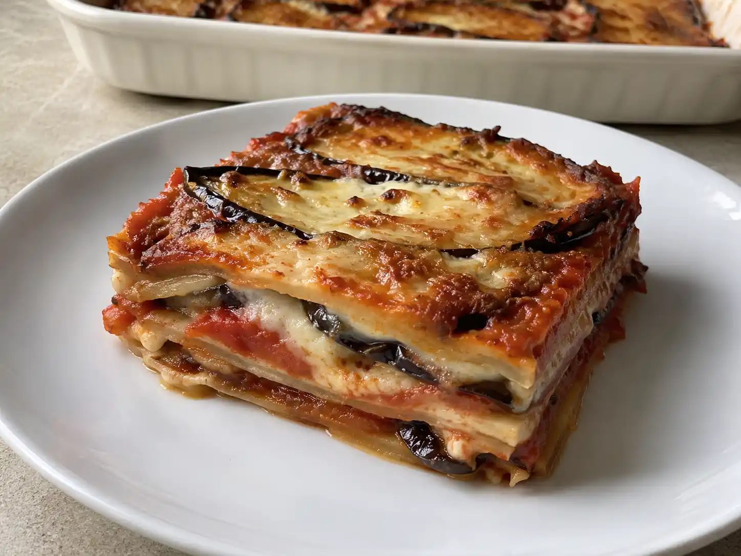 Lasagne alle melanzane al forno con strati di sugo, besciamella, mozzarella e superficie dorata