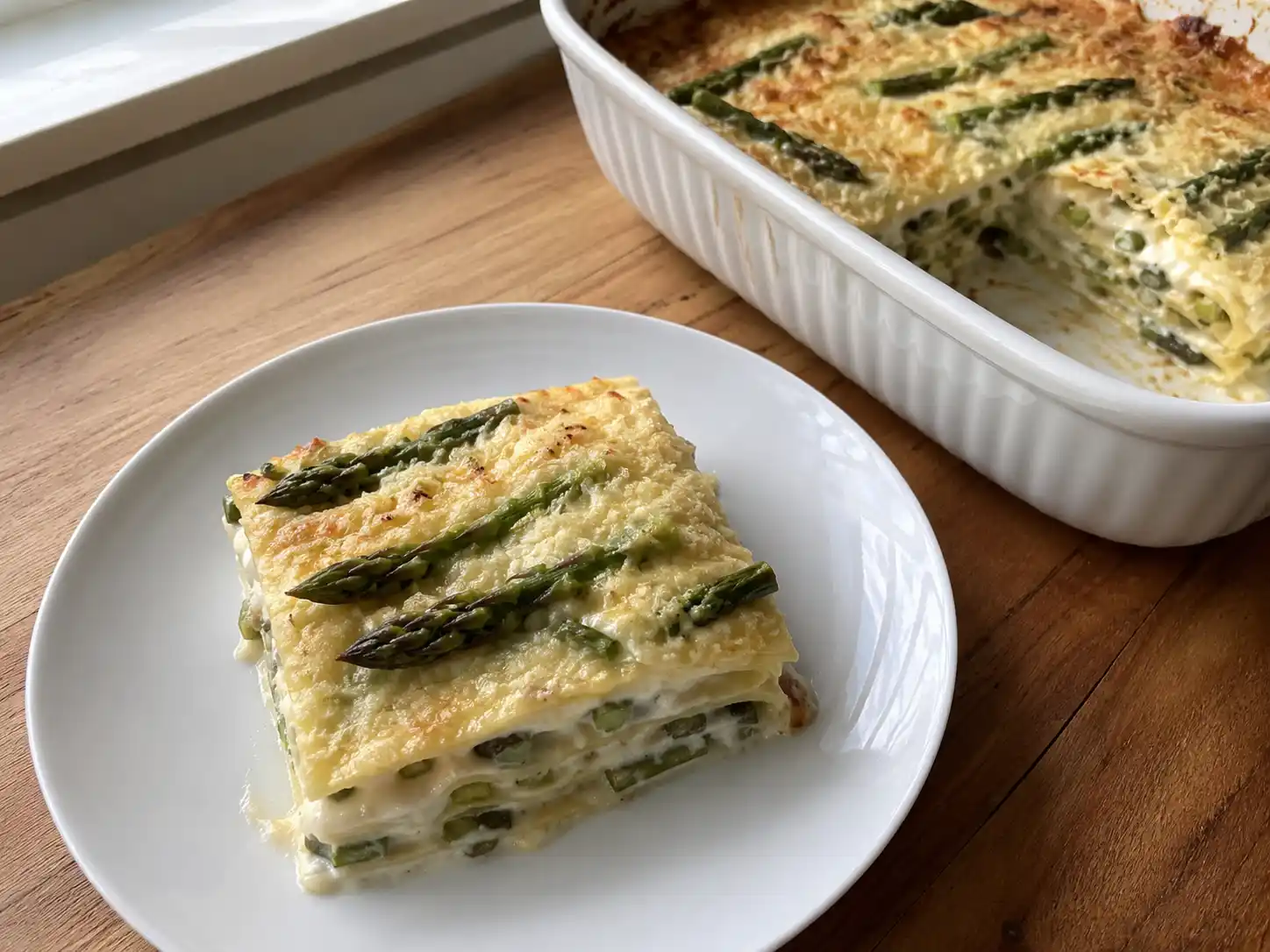 Lasagne con asparagi cremose al forno con strati di sfoglia, besciamella e punte verdi