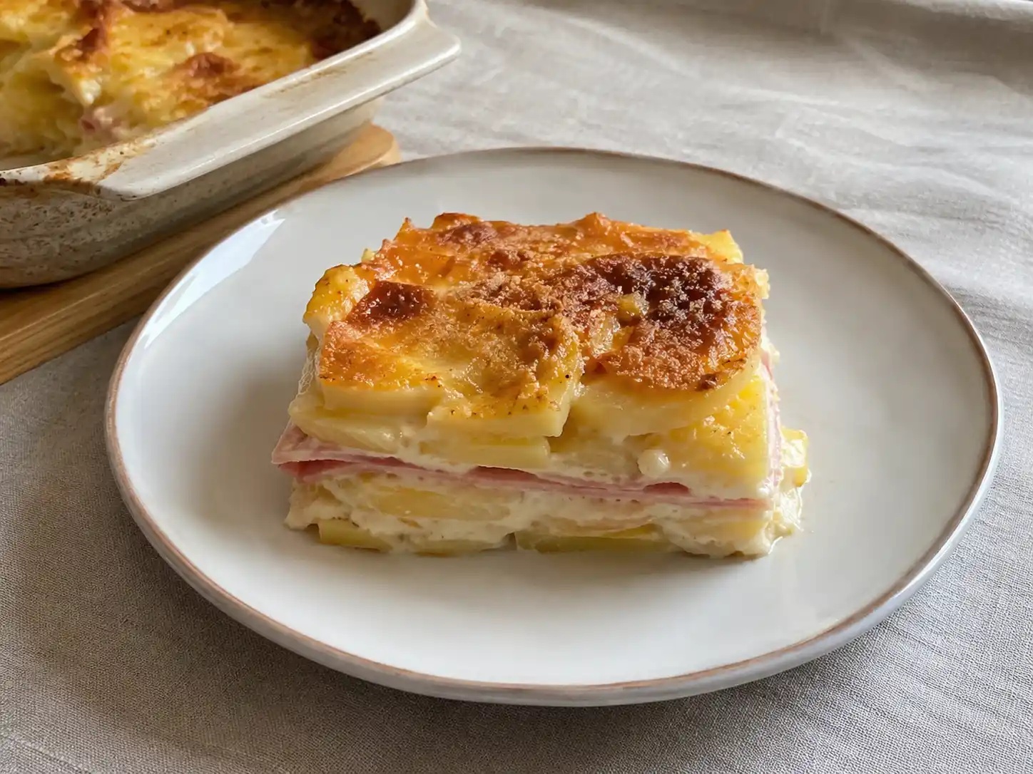 Lasagne di patate al forno dorate in pirofila, con strati di patate, besciamella e mozzarella filante