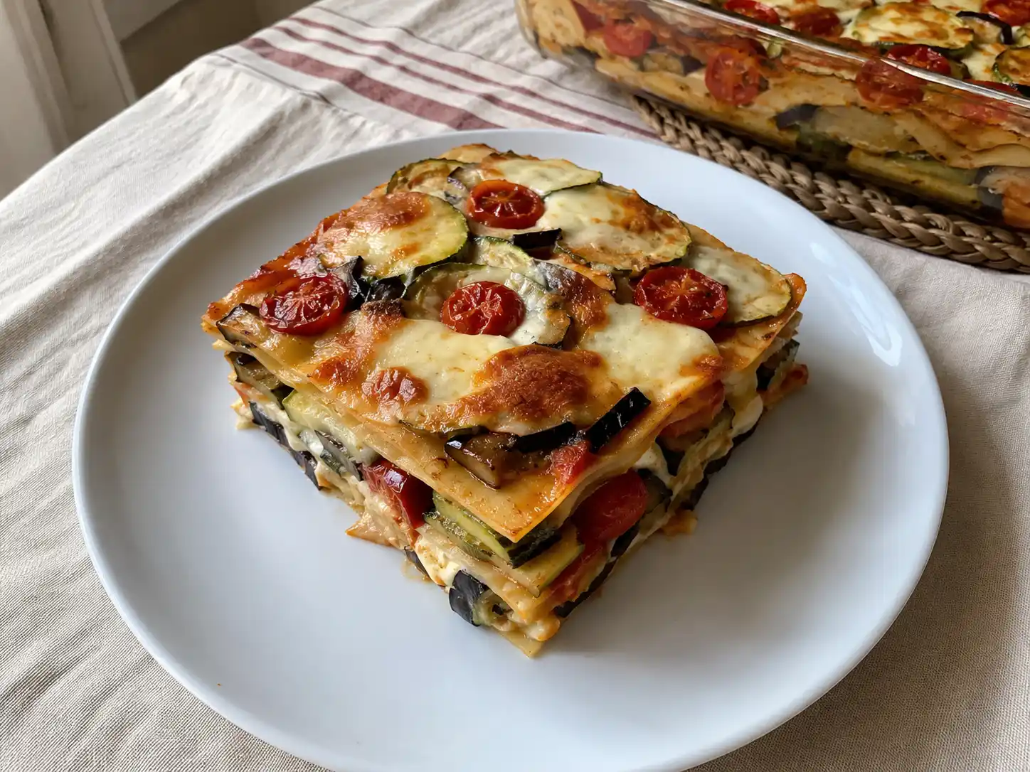 Lasagne estive con verdure fresche, strati dorati di pasta, zucchine, melanzane e mozzarella filante