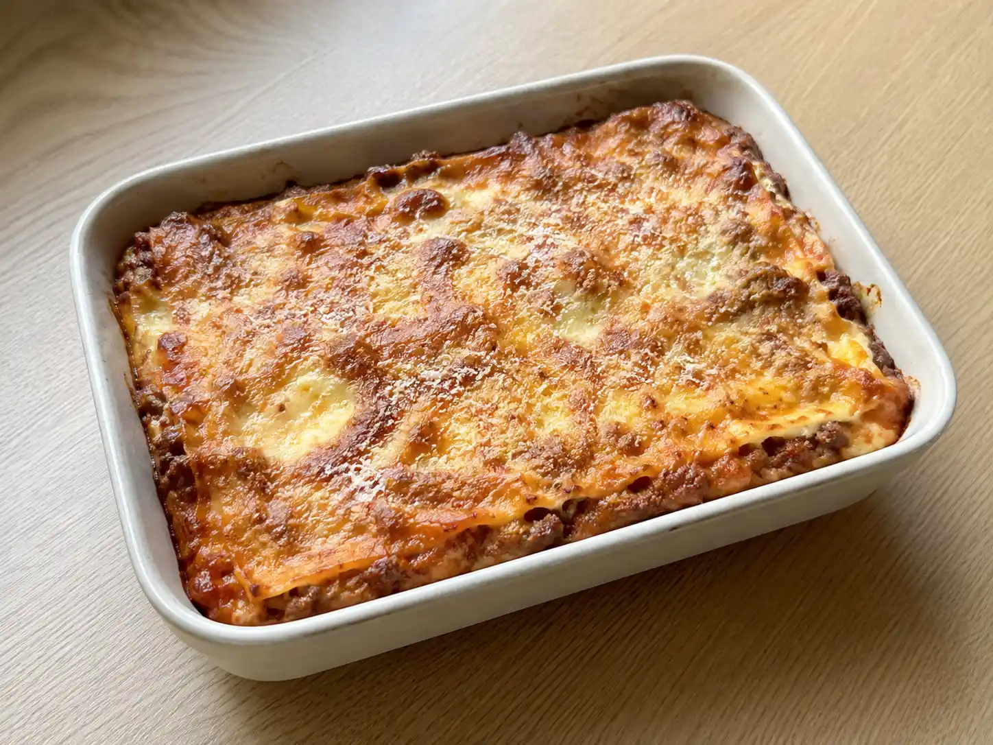 Lasagne in friggitrice ad aria con ragù, besciamella e superficie gratinata in pirofila