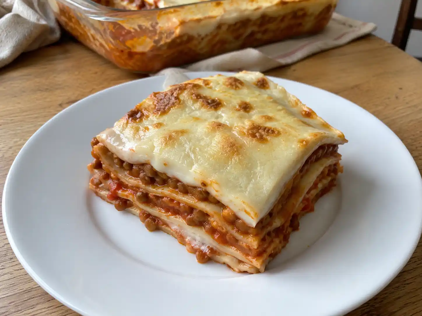 Lasagne vegane al ragù di lenticchie con besciamella vegetale e superficie dorata al forno