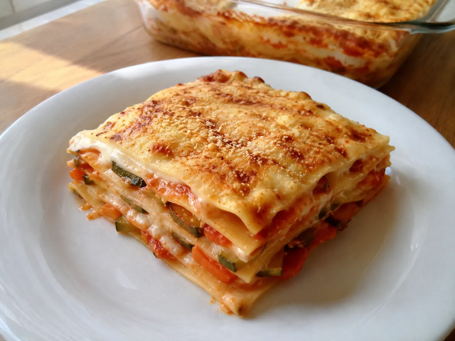 Lasagne vegetariane al forno con strati di verdure, besciamella cremosa e superficie dorata