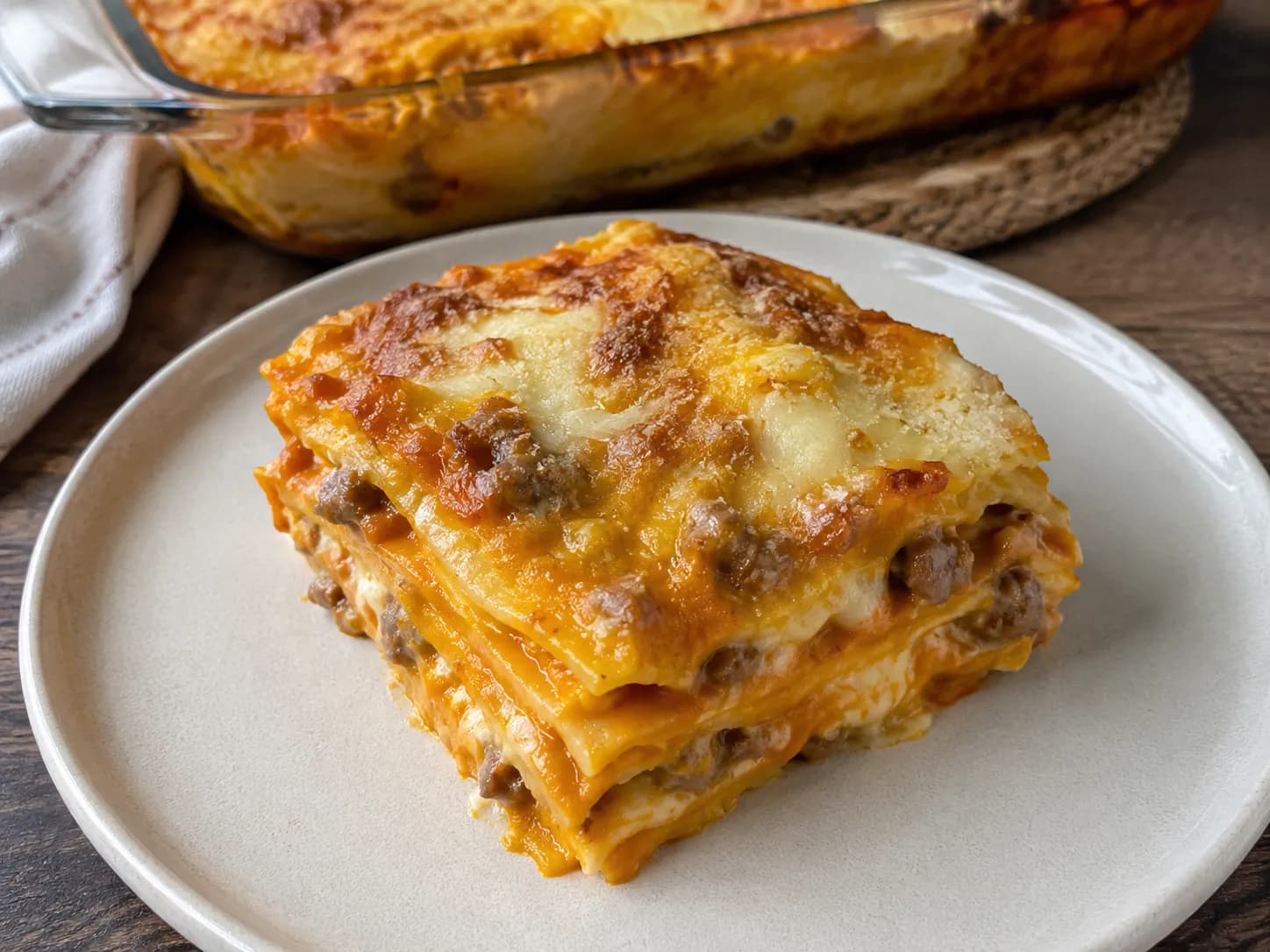 Lasagne zucca e salsiccia con besciamella, strati cremosi arancioni e superficie gratinata