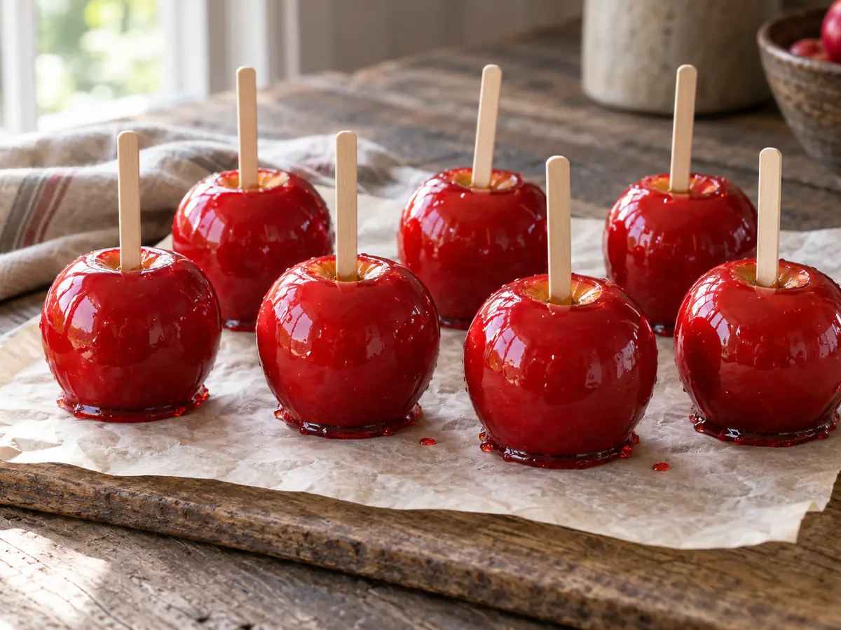 Mele caramellate rosse lucide su bastoncini con sottile guscio croccante in luce naturale