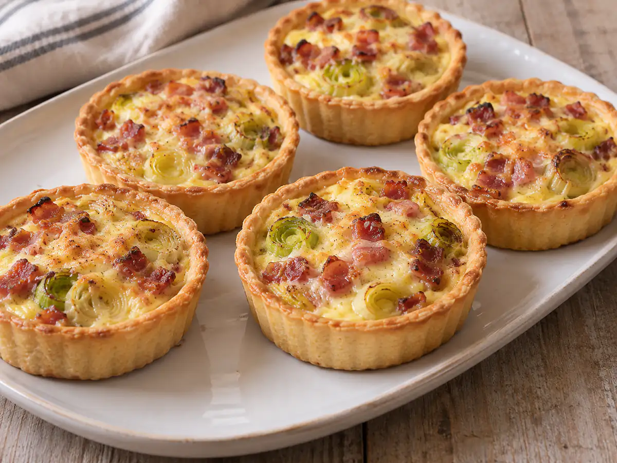 Mini quiche porri e pancetta con gusci dorati di brisée, rondelle verdi di porro e cubetti di pancetta nel ripieno
