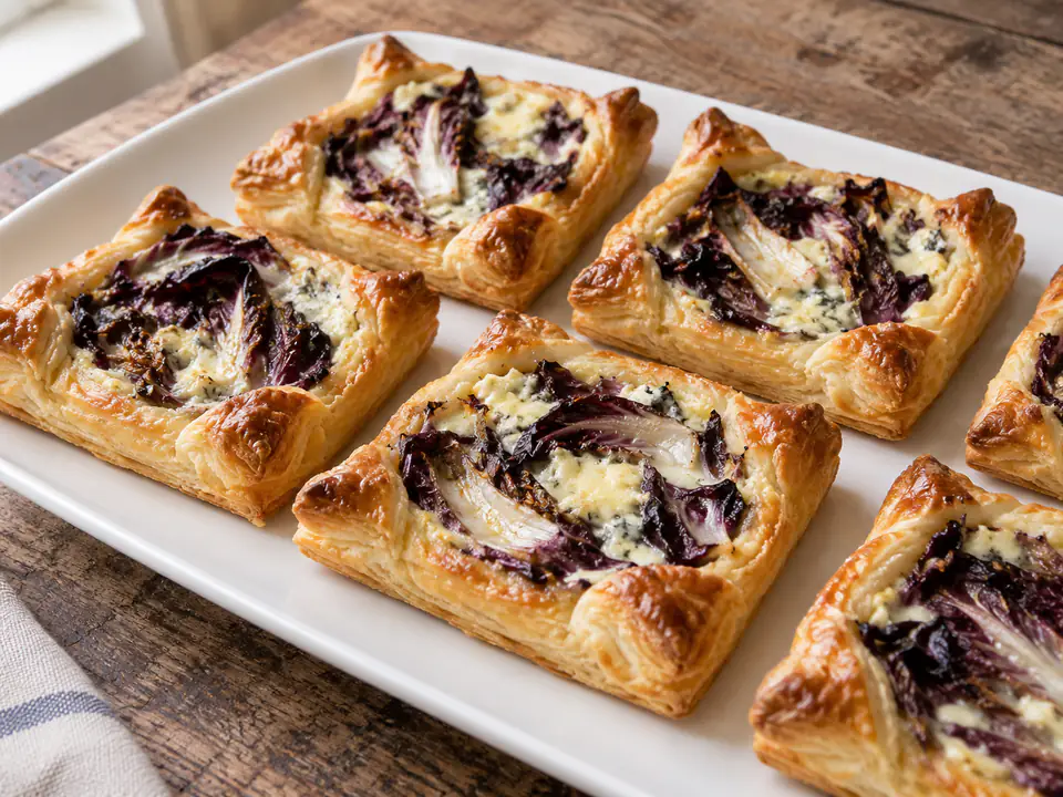 Mini torte salate radicchio e gorgonzola in gusci di sfoglia dorata, con strisce viola e ripieno cremoso chiaro