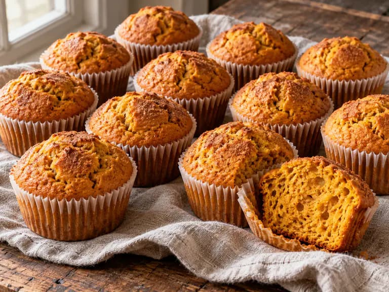 Muffin alla zucca dorati in pirottini con mollica arancione soffice visibile in luce naturale