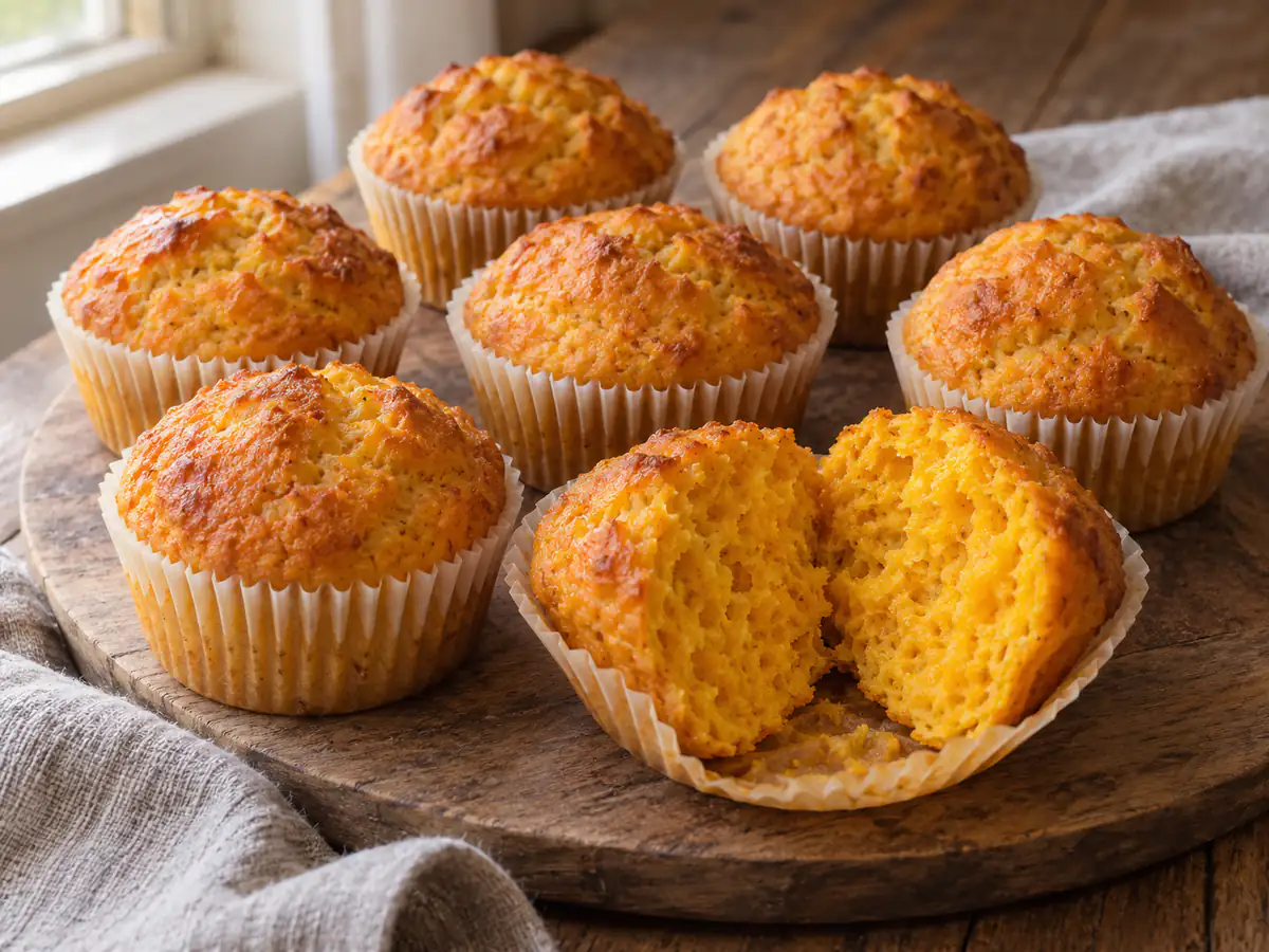 Muffin salati alla zucca e parmigiano con cupola dorata e mollica arancione, disposti su un piatto da portata