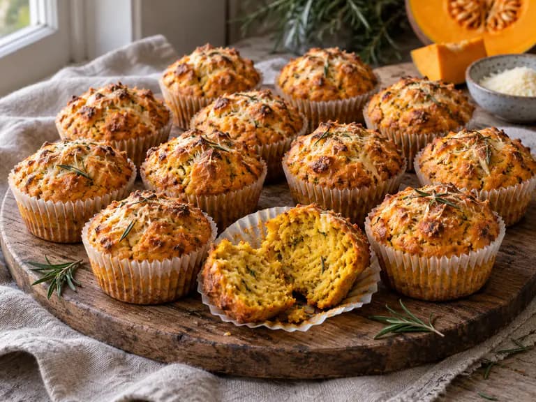 Muffin salati alla zucca dorati in pirottini, mollica arancione con rosmarino in luce naturale
